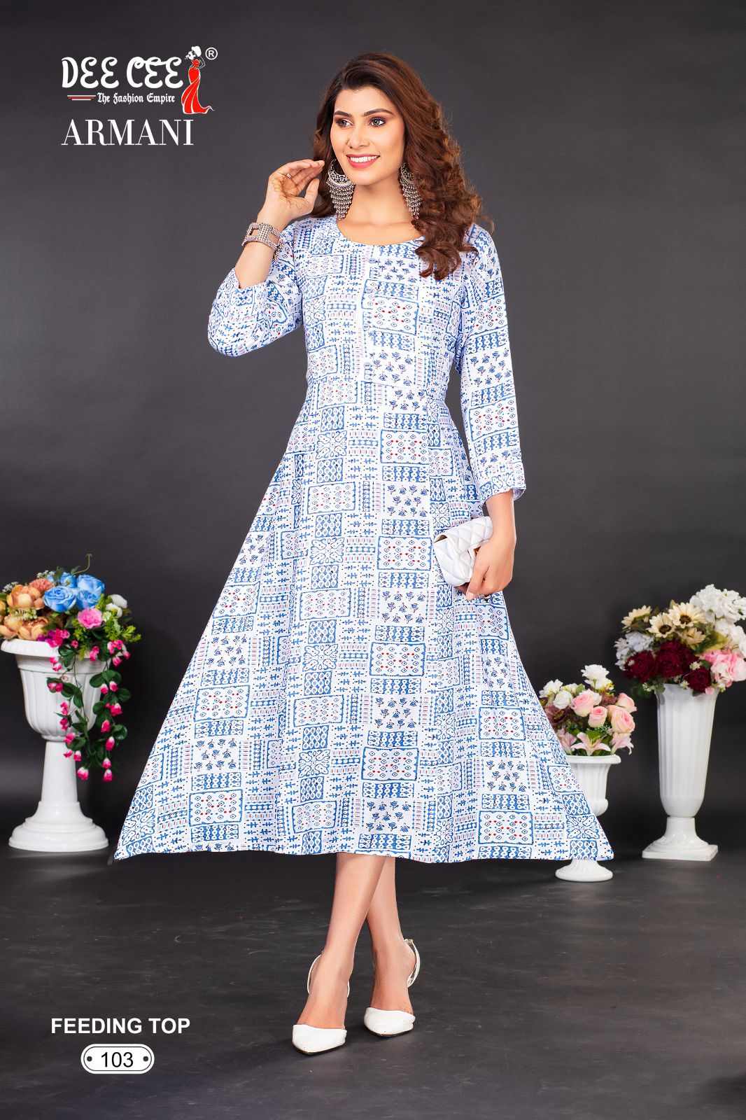 Armani By Dee Cee Flaired Rayon Printed Feeding Kurtis Wholesale Clothing Suppliers In India